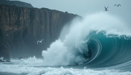 Dramatic ocean waves crashing against the shore with soaring seagulls and rocky cliffs create a stunning coastal vista perfect for travel brochures