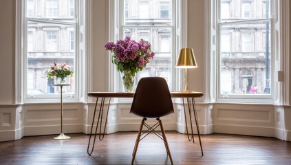 Elegant Room with Desk and Large Windows.