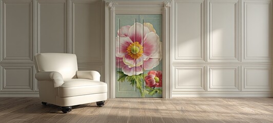 Elegant Room with Floral Door and Armchair.