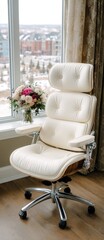 Elegant White Office Chair with Flowers by a Bright Window.