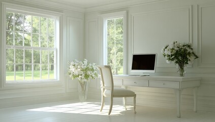 Elegant White Workspace with Natural Light.