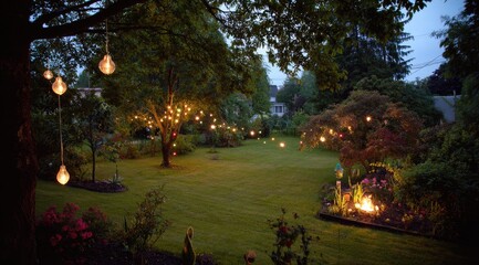 Enchanting Evening Garden with Warm String Lights and Lush Greenery.