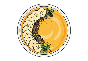 An illustrated top-down view of a yellow smoothie bowl decorated with sliced bananas, black seeds, and fresh mint leaves.