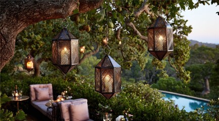 Enchanting Tree with Hanging Lanterns in a Lush Garden.