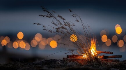 Evening Bonfire by the Lake - Warmth and Tranquility.