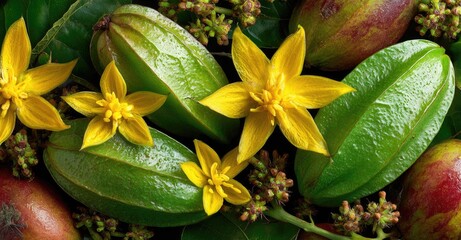 Exotic Star Fruit and Mangoes with Yellow Flowers.