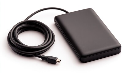 External Hard Drive with USB Cable on White Background.