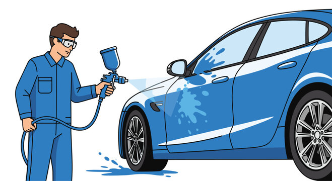 Professional auto mechanic spraying a vibrant blue paint job on a modern car with precision, offering expert vehicle customization and restoration services