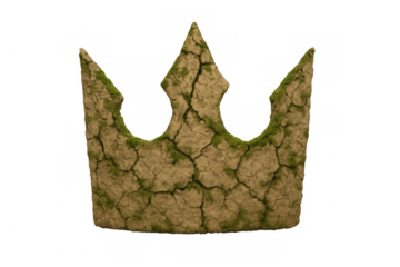 Crown of cracked earth and moss, symbolizing forgotten power, ancient nature, and lost kingdoms