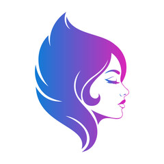 Vector illustration of a woman's profile with flowing gradient hair in shades of blue and pink