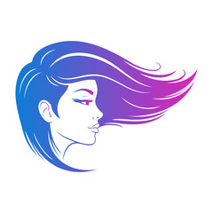 Vector illustration of a woman with flowing hair in shades of blue and purple gradient color