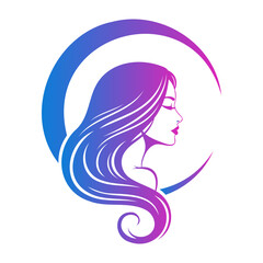 Vector illustration of a woman in profile with long flowing hair and a crescent moon shape behind