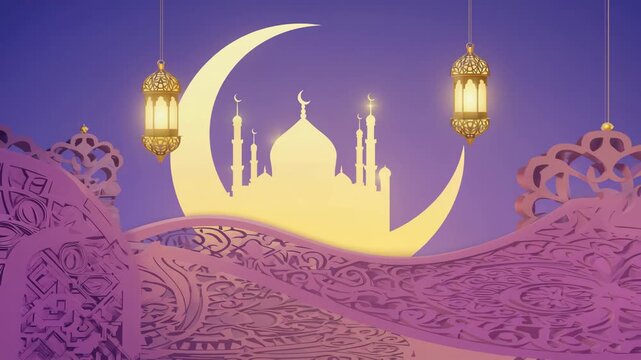 Islamic background with golden mosque silhouette crescent moon and glowing lanterns for Ramadan Eid celebration