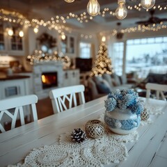 Blurred modern living room Christmas decoration, white table with decorated tree, fireplace garland lights, holiday home interior design, copy space