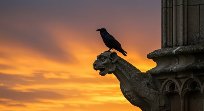 A black bird perches on a stone gargoyle against a dramatic sunset sky. - Powered by Adobe