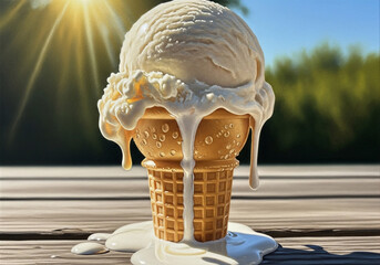 A single scoop of vanilla ice cream melting rapidly on a waffle cone under bright summer sunlight outdoors on a wooden table.