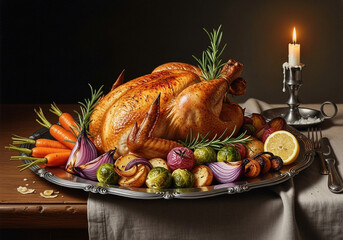 A beautifully roasted turkey, surrounded by vegetables, presented on a silver platter, with a lit candle.