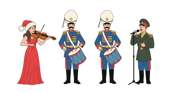 Holiday cheer with marching band and festive violinist spreading joy, perfect for Christmas events and seasonal marketing campaigns