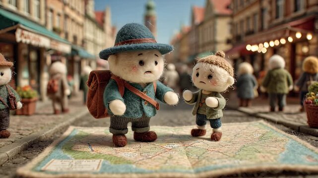 Stuffed figures exploring a map in a street environment