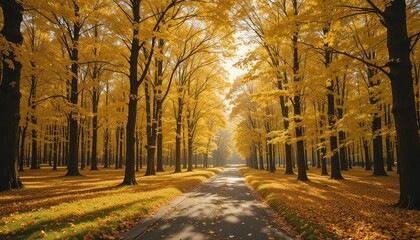 A pathway through a forest with trees with yellow leaves in the autumn season on a bright sunny day