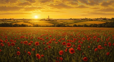 Fototapeta premium Golden sunset illuminates a vibrant field of poppies and distant rolling hills.