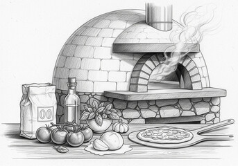 A detailed pencil drawing of a brick oven with pizza and ingredients, ready to bake.