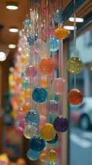 Colorful glass wind chimes Japanese toy store, soft light delicate close-up, transparent spheres with painted flowers, traditional decoration cheerful atmosphere