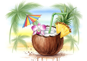 A vibrant watercolor illustration of a tropical coconut drink with decorative elements.