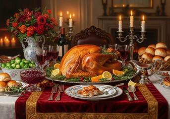 A Thanksgiving feast is laid out on a table, featuring a roasted turkey, cranberry sauce, rolls, and other traditional dishes.