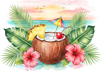 Watercolor illustration of a tropical coconut cocktail on a beach with palm leaves and hibiscus flowers at sunset.