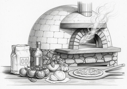 A detailed pencil drawing of a brick oven with pizza and ingredients, ready to bake.