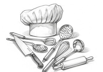 A detailed pencil sketch showcasing various kitchen utensils and a chef's hat.