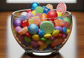 Bowl full of colorful candies and sweets on a wooden table.