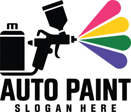 Automotive paint spray gun and can with colorful paint spray for auto body repair and custom car painting