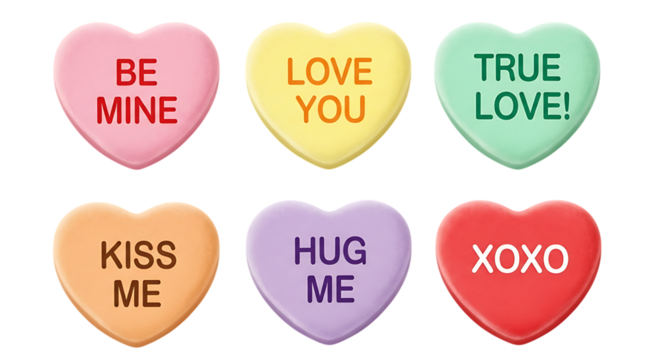 Heart shaped candies with messages isolated on a transparent background