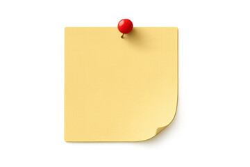 Yellow sticky note pinned with a red thumbtack, blank paper for reminder or message, transparent background