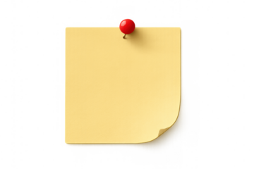 Yellow sticky note pinned with a red thumbtack, blank paper for reminder or message, transparent background