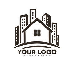 Fototapeta premium Modern real estate logo design featuring a simple house silhouette surrounded by tall city buildings. Minimalist architecture concept with clean lines and geometric shapes. Ideal for property comp.eps