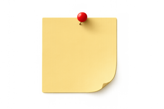 Yellow sticky note pinned with a red thumbtack, blank paper for reminder or message, transparent background