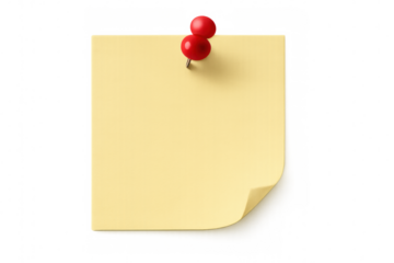 Blank yellow sticky note pinned to a surface with a red pushpin, offering space for messages or reminders