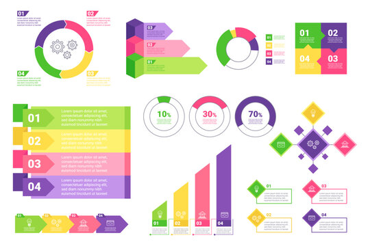 Infographic set with vibrant charts and diagrams presenting various data trends and statistics. Each section using unique shapes and colors to enhance readability and understanding
