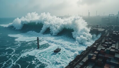 Dramatic tidal surge engulfing coastal city and shipping port with powerful wave, creating a scene of impending danger and climate crisis impact