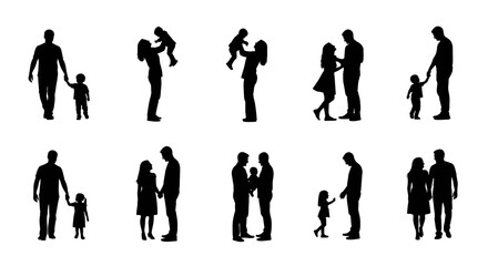 Naklejka premium Set of family silhouettes depicting parents with children in various poses simple vector illustration isolated on white background