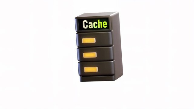 A 3D animated representation of a storage cabinet labeled 'Cache' with three drawers.