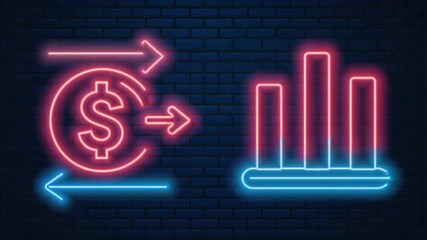 Neon dollar exchange and bar chart icons glowing on a dark brick wall background for financial data analysis - Powered by Adobe