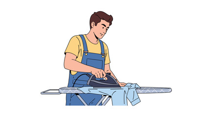 Young man diligently ironing clothes on a board, creating a neat, polished look for everyday tasks and domestic chores