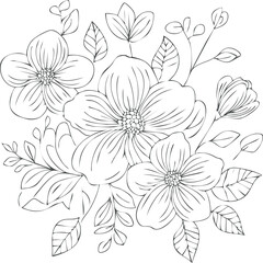 A drawing of flowers and leaves in black and white