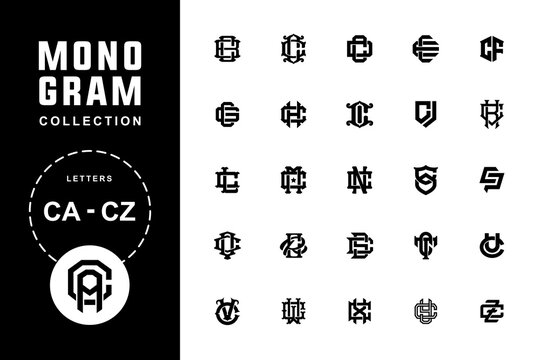 Monogram alphabet collection letters CA until CZ for clothing, apparel, football, baseball, basketball with interlock modern, sport, classic style