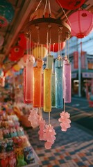 Colorful glass wind chimes Japanese toy store, soft light delicate close-up, transparent spheres with painted flowers, traditional decoration cheerful atmosphere