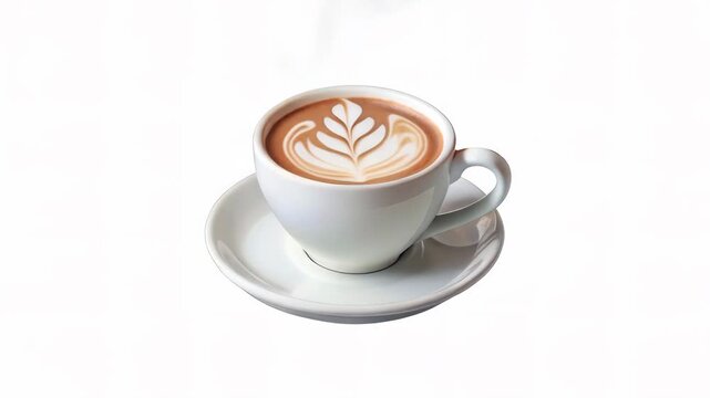 A beautifully crafted cup of coffee with intricate latte art, presented on a white saucer.